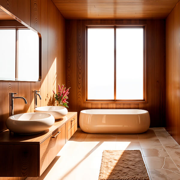 Salle de bain avec une grande baignoire et deux lavabos.