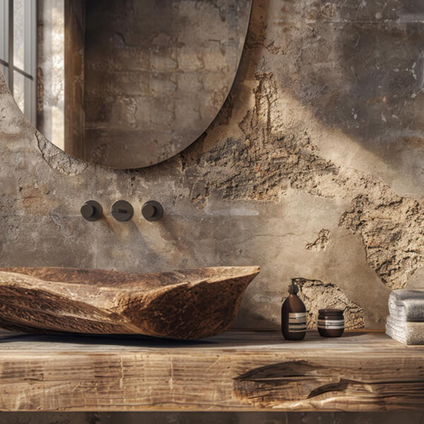 Salle de bain rustique avec un lavabo en bois et un miroir assorti.