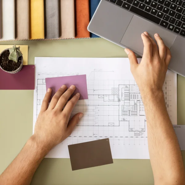 Des mains travaillant sur un ordinateur portable et dessinant sur une feuille, illustrant un projet de rénovation de cuisine.