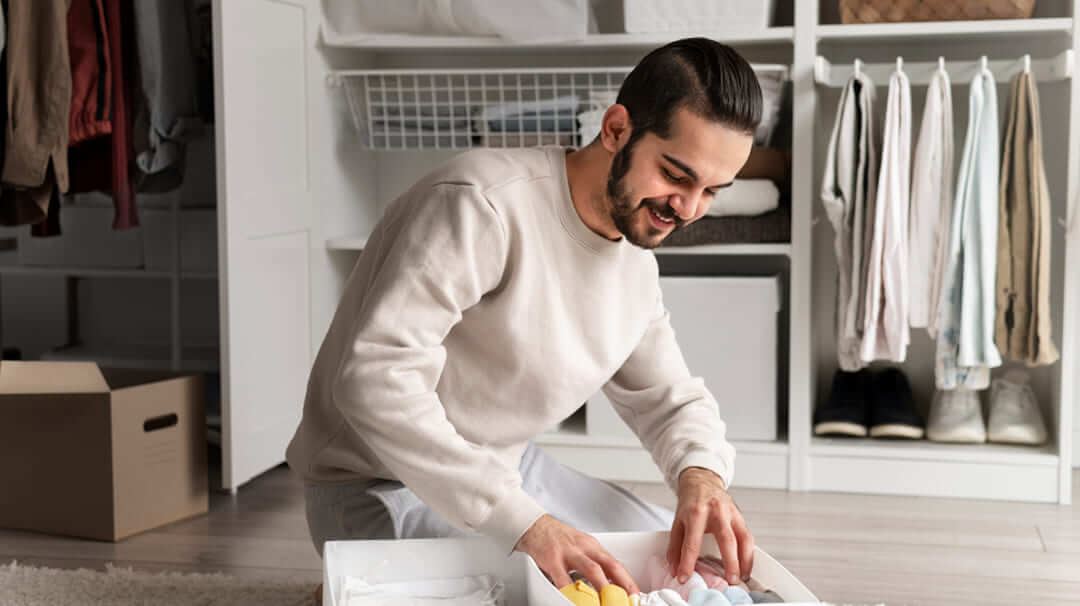 Un salon parfaitement rangé et minimaliste avec des étagères organisées et une atmosphère sereine.