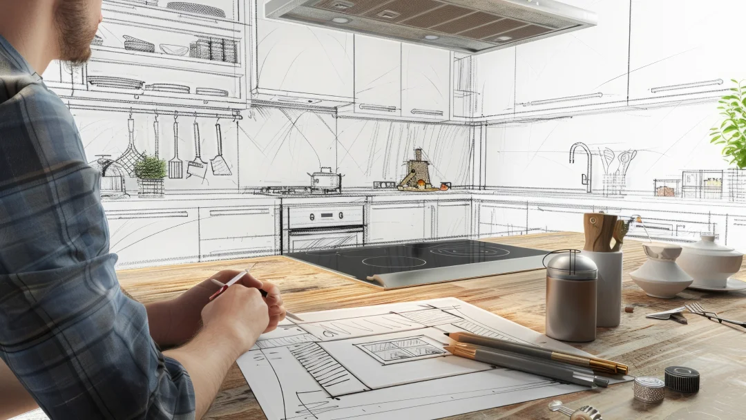 Un homme travaille sur la conception d'une cuisine moderne, examinant des plans et des échantillons de matériaux.