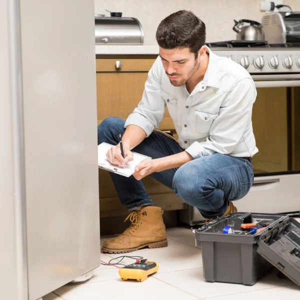A kitchen installer is working on a refrigerator in a modern kitchen setting. Tools and parts are visible around him.
