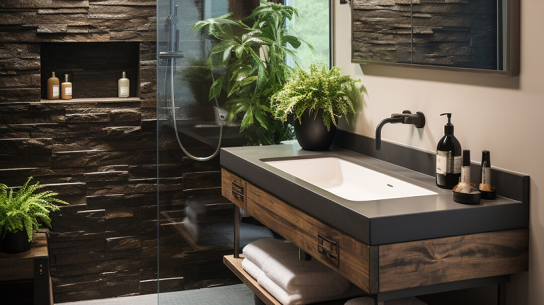 Salle de bain avec un lavabo, une douche et une plante verte décorative.