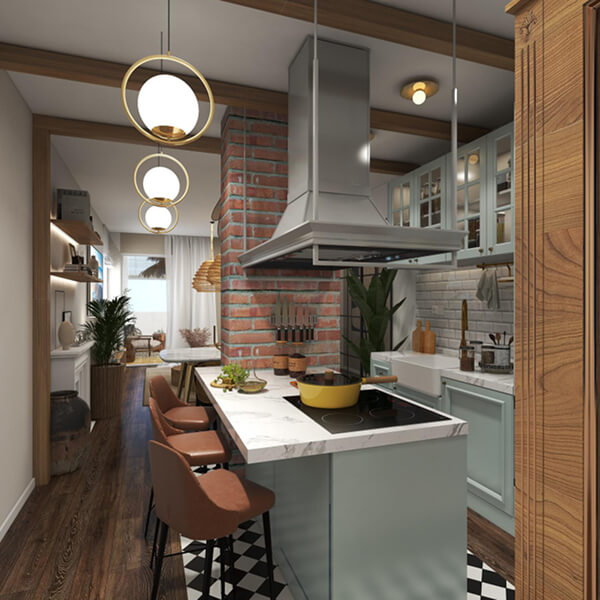 Cuisine avec une cuisinière, un four et un réfrigérateur, bien agencés et prêts à l'utilisation.