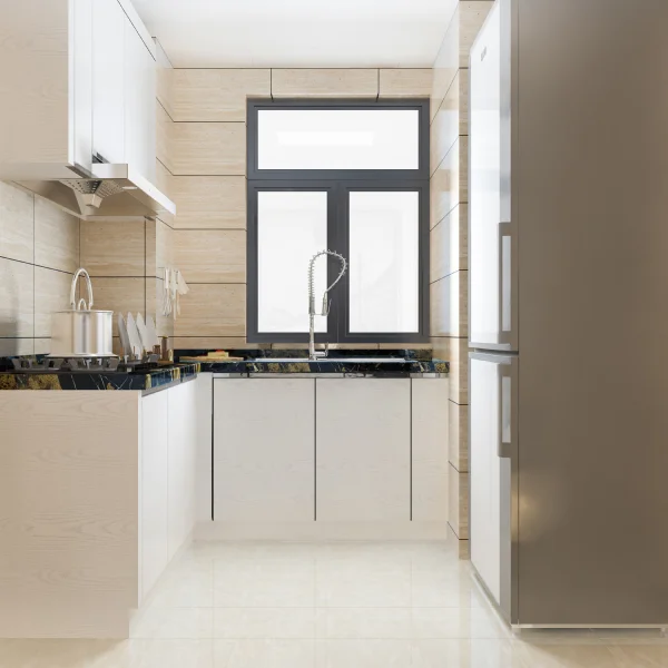 Cuisine moderne avec réfrigérateur, évier et fenêtre, illustrant les tendances de 2026.