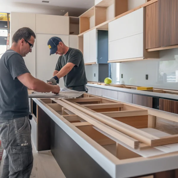 Two men installing cabinets on a kitchen island, focused on their work in a modern kitchen setting.